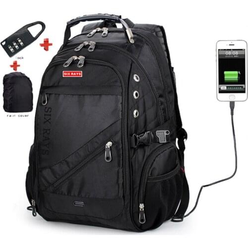 SIXRAYS Men Laptop Bag External USB Charge Computer Backpacks Anti-theft Men Waterproof Bags Women Backpack with Lock Raincover