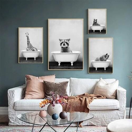 Nordic Posters Animals Rhino Raccoon Giraffe Elephant Taking Bath Wall Art Canvas Painting Pictures for Living Room Home Decor