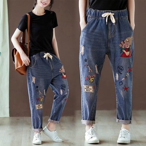 Retro Art Style Loose Jeans Womens Tight Waist Embroidered Nine Points Harem Pants Stick Cloth Holes Spring And Autumn Pants