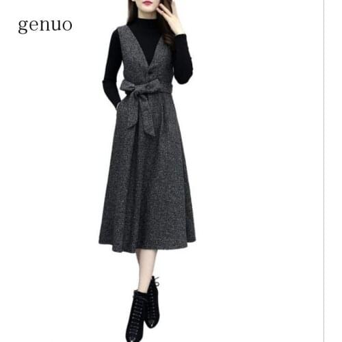 Vintage Ladies 2pcs Women Dresses Slim Warm Long Sleeve Turtleneck Tops + V-Neck Dress Casual Career Sets