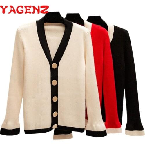 YAGENZ Flare Sleeve Knitted Sweaters Women Short Coat Fashion 2018 V Neck Long sleeve Cardigan Ladies Autumn Sweater Female Tops
