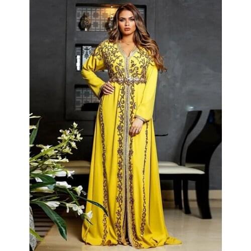 Luxury Moroccan Caftan Long Sleeve Muslim Evening Dresses Gold Embroidery Dubai Formal Party Gowns Robe De Soiree