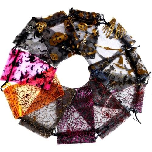 50pcs/lot Organza Candy Drawstring Jute Burlap Bag Spider Web Multi Color Printing Halloween Party Packaging Gift Candy Bag
