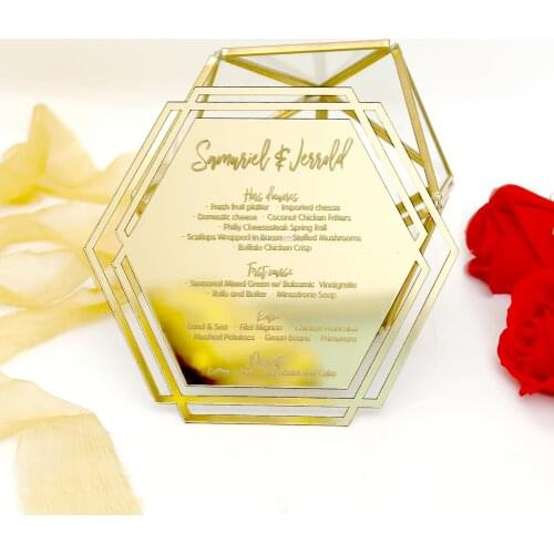 50 pcs Personalised Luxur mirror gold geometric Acrylic Wedding Invitation,wedding hexagon save the date,wedding favor