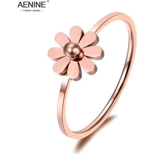 AENINE OL Style Simple Daisy Ring Stainless Steel Jewelry Rose Gold Color Cute Style For Girl Christmas/New Year Gift AR18138