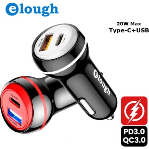 Elough USB Type C Safety Fast Charging 20W Quick Charger 3.0 PD3.0 Car Charger for iPhone Samsung Xiaomi Huawei USB Charger
