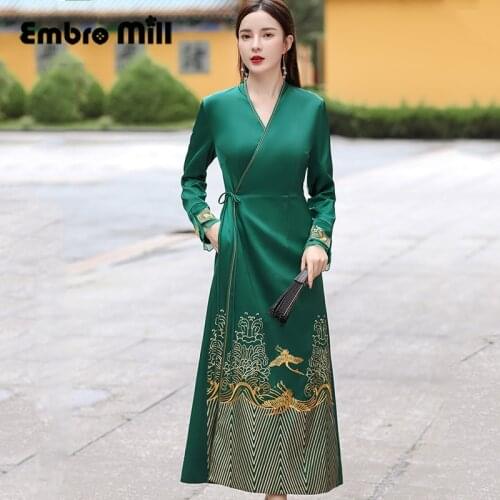 Noble Autumn And Winter New Chinese Style Womens Palace Embroidered Hanfu Cheongsam + Belt Lady Dress S-XXL