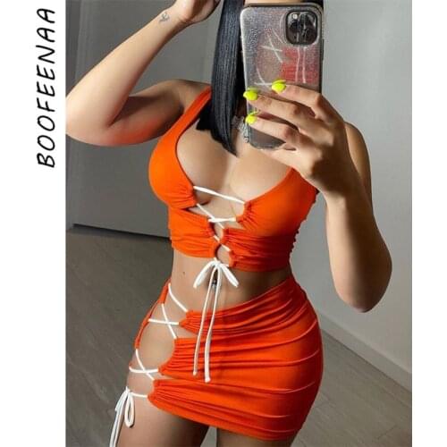 BOOFEENAA 2 Piece Set Women Cut Out Bandage Mini Skirts Crop Top Matching Set Sexy Club Dress Summer Neon Orange Black C85-BH13