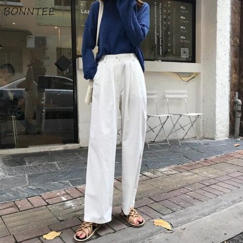 Pants Women Solid Korean Clothing Female Loose All-match Trendy Womens Button Leisure Capris Wide Leg High Pant Elegant Trousers