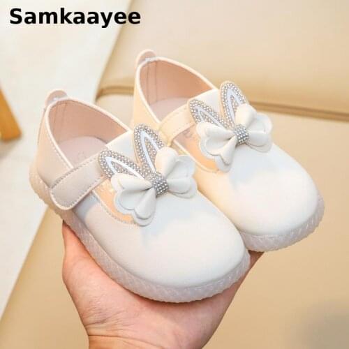 0-8y Children Leather Shoes Kids Shoes Spring Autumn Baby Girls Princess Diamond Rabbit Ears Flats Soft Bottom Toddler Footwear