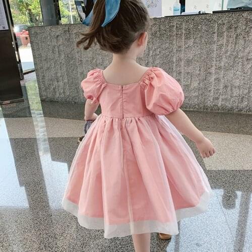 Princess Flower Elegant Tutu Party Puff Sleeves Pink Dress Baby Girl Vintage Wedding Ceremony Ball Gown Dress