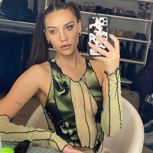 New Sexy Gauze T-shirt Green Vest Long Sleeve Patchwork Transparent Slim T-shirt Western Vintage Style for Spicy Girls Y2K Tops