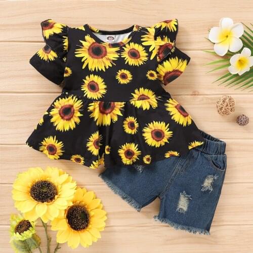 2Pcs Kids Girl’s Summer Clothes Suit Sunflower Printed Ruffled Short Sleeve Dress Tops with Short Ripped Jeans