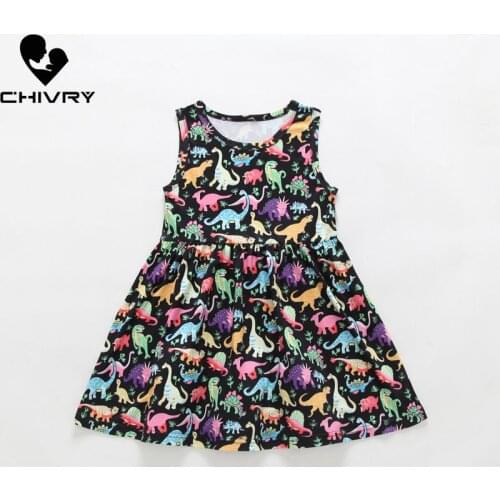 New 2020 Children Summer Dresses Baby Girls Sleeveless Dinosaur Print O-neck A-line Sundress Summer Dresses for Little Girls