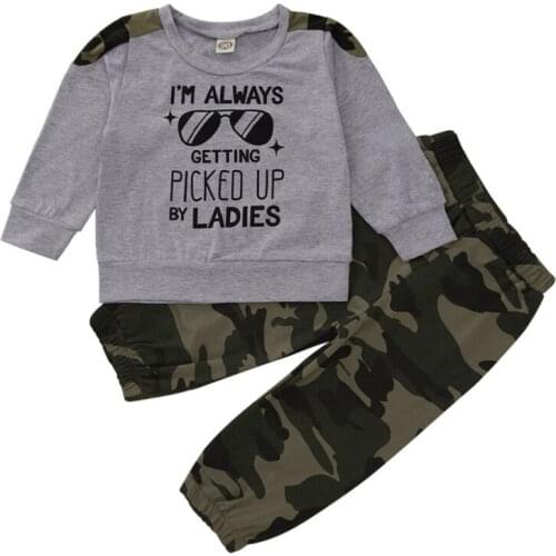 Baby Boy Clothes Spring Tracksuit Sport Clothing Short-Sleeved Letter Printed Top + Camouflage Trousers Casual Clothes Set
