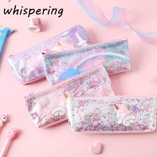 Unicorn Pencil Case Cute Kawaii Shining PU Pencilcase School Pen Case Supplies Pencil Bag School Box Learning Stationery