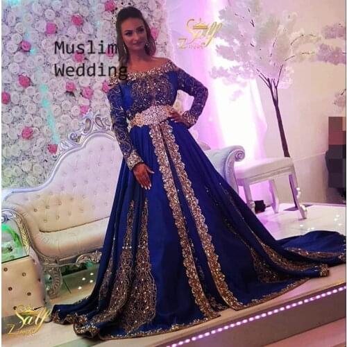 Royal Blue Arabic Muslim Evening Dress With Rose Gold Appliques Luxury Long Sleeve A Line Prom Dresses Kaftan Dubai Formal Gowns