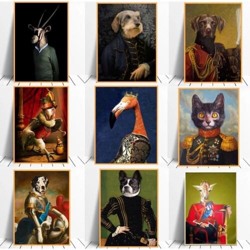 Vintage Animal Head Human Body Canvas Painting Nordic Poster Deer Cat Dog Portrait Posters Print Wall Art Picture for Bedroom