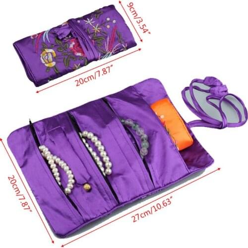 Oriental Silk Jewelry Roll Wrap Embroidery Jewellery Pouch Organizer Travel Ornaments Storage Case