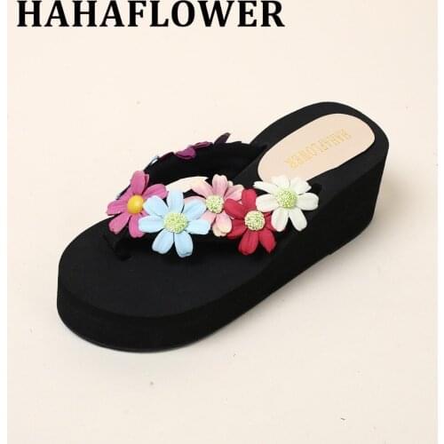 HAHAFLOWER Female Open Toe Womens Sandles Thick Wedge Shoes Colorful Handmade Flower Gladiator Platform Summer Beach