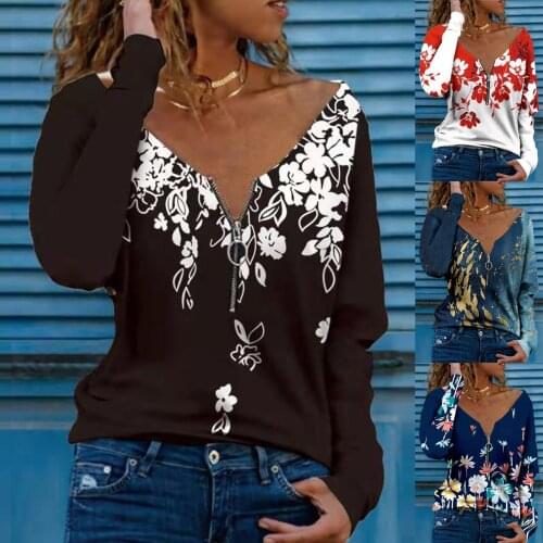 Female Casual Summer Top Shirt Ladies V Neck Zipper Loose Oversize Tee Women fashion Print Long Sleeve Top vestidos mujer verano
