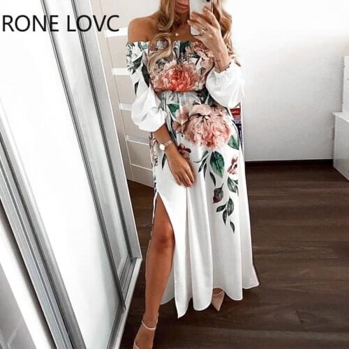 Women Off Shoulder Floral Print Off Shoulder High Slit Maxi Dress Bodycon Party Dress