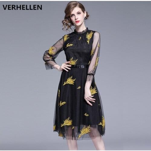 VERHELLEN High Quality Fashion Designer Runway Dress 2019 Autumn Womens Long Sleeve Stand Collar Bow Gold Line Embroidery Dress