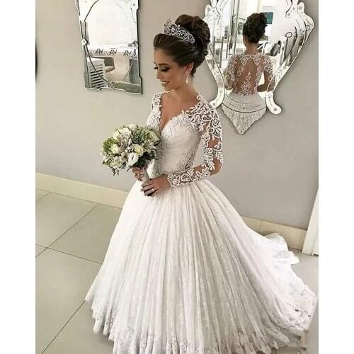 V-neck Long Sleeve Bridal Dresses 2020 Luxury Lace Wedding dress v-neck Floor Length Long Marrige Dress Sexy wedding gown