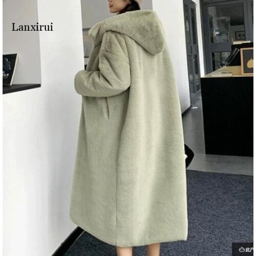 Winter Coat Women Faux Rabbit Hair Fur Coat Korean Hooded Imitation Mink Hair Long Jacket Loose Thick Warm Faux Fur Jacket Tide