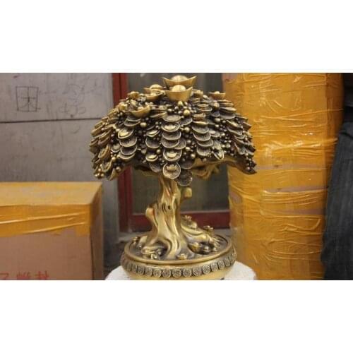 16 China Copper Bronze Auspicious Wealth YuanBao Money treasure bowl Tree Statue
