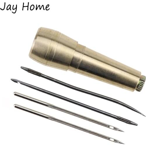 4 Needles Copper Handle Sewing Awl Hand Stitcher Shoe Repair Tool for DIY Sewing Repairing Canvas Leather Sewing Craft