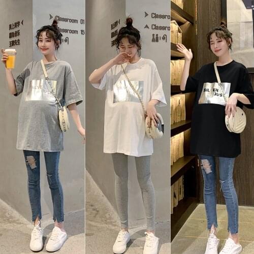 8132# Summer Casual Cotton Maternity Tees Large Size Loose T Shirt Clothes for Pregnant Women Pregnancy Tops