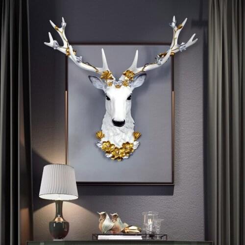 Big Deer Head Statue Home Decoration Accessories 3D Abstract Sculpture Wall Hang Decor Elk Statues Living Room Mural Art Craft