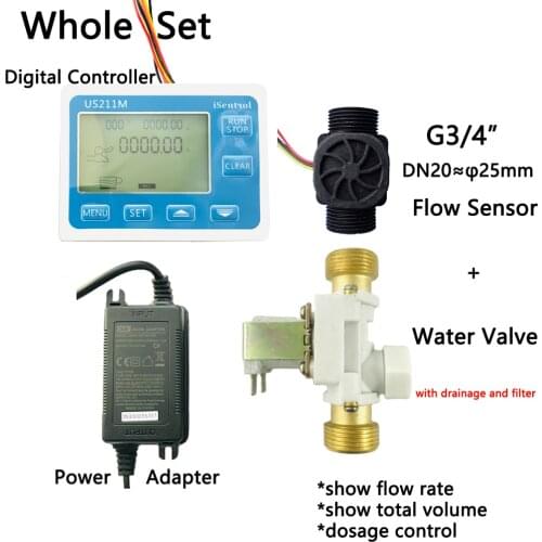 DN20 Water Dispenser G3/4" Flow Sensor US211M USN-HS43TA Turbine Meter 1-60L/min 24V DC & 12V DC Solenoid Liquid Valve