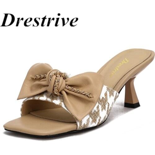 Drestrive 2021 Summer Fashion Slippers Square Toe Cow Leather Knit Butterfly Knot Women Sandals Chain Thin High Heel Shoes