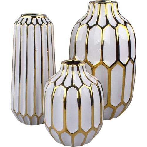 European Electroplated Ceramic Vase White Gilt Stripes Living Room Office Decoration Crafts Flower Vase Modern Home Furnishings