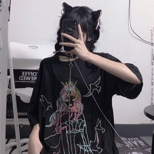 Short Sleeve Women T-Shirt Japanese Anime Print Female Korean Loose Kawaii Punk Clothes Harajuku Graphic Tops Vintage Hip Hop