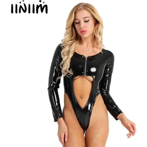 Black Clubwear for Womens Wet Look Patent Leather Lingerie Front Zipper Hollow Out High Leg Cut Thong Leotard Bodycon Bodysuit