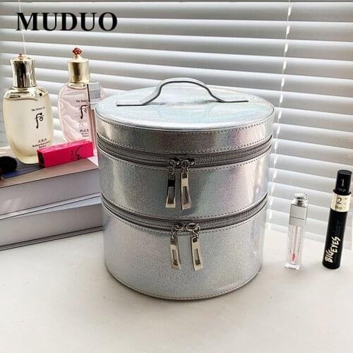 Cylindrical Shape Leather Cosmetic Bag Women Travel Waterproof Beauty Cosmetic Case Toiletry Kits Organizer Makeup Storage Box
