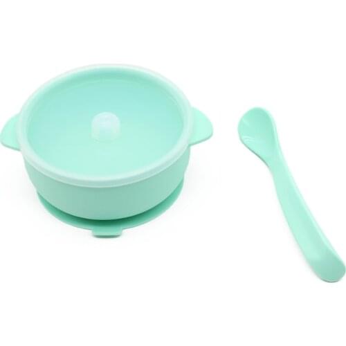B2EB 2 Pcs BPA Free Silicone Waterproof Baby Suction Bowl with Lid Training Spoon Set Non-Slip Learning Feeding Food Dish