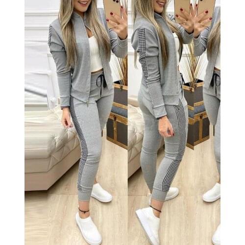2021 new long sports leisure stitching plaid leisure suit