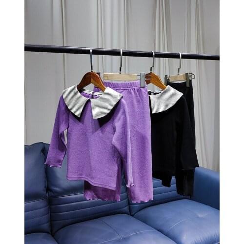 2021 Spring New Girls Clothing Sets Korean Kids Cotton Casual Suits Striped Lapel Pullovsers Solid Pants 2pcs Set For Girls