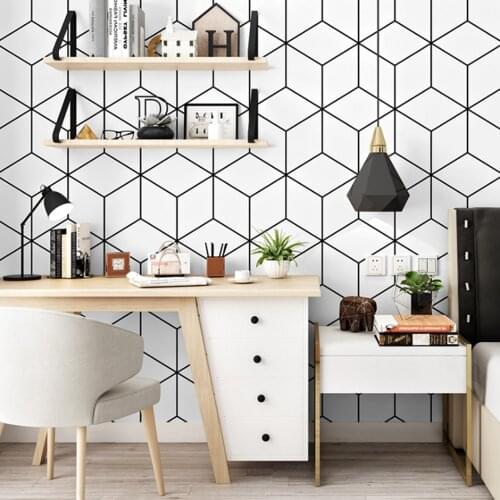 Q QIHANG European Style Black White Grid Geometric Minimalist Bedroom Living Room PVC Wallpaper Roll White 5.3m2
