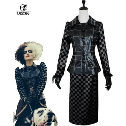 ROLECOS Cruella Cosplay Costume for Women Halloween Dress Anime Estella De Vil Gown Cosplay Villain Witch Cruella Black Full Set