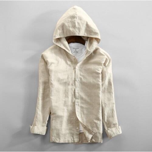 Men Linen Shirt Fashion Brand Japanese Plain Khaki Cotton Linen Hooded Shirts Male Casual Long Sleeve White Blouse Clothes