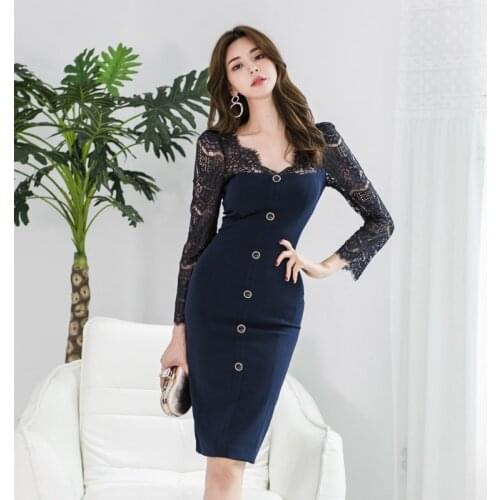 S-XL Plus Size Autumn Work Dress Women Lace Patchwork Bodycon Wrap V-neck Office Dress Ladies Slim Tight OL Dress Woman Vestidos