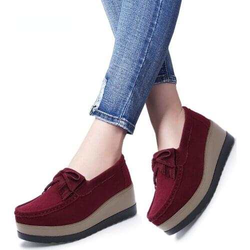 Comemore 2021 Spring Autumn Women Suede Genuine Leather Wedge Shoes Lady Female Loafers Sweet Tassel Slip-ons Platform Moccasins