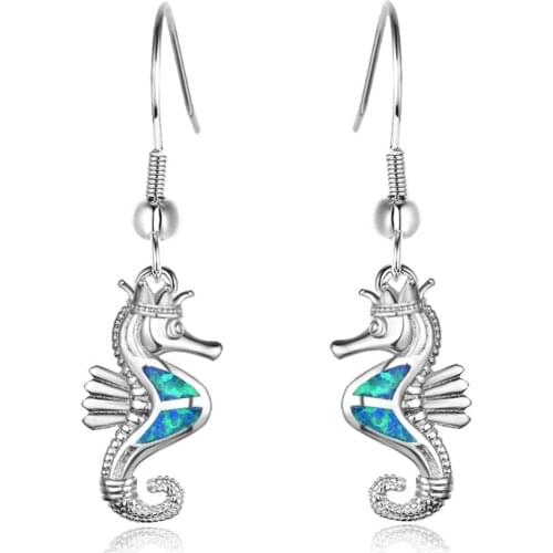 Bamos Boho SeaHorse Drop Earrings White/Blue/Purple Fire Opal Earrings For Women Fashion Long Dange Earrings Animal Jewelry