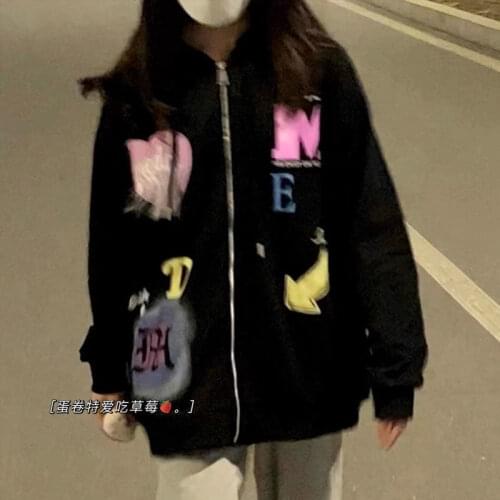 Hoodie Hip Hop Punk Vintage Women Zipper Sweatshirt Spring Kpop Loose Cartoon Pattern Print Embroidery Clothes Streetwear Black