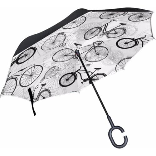 Vintage Bicycle Pattern Reverse Umbrella Creative Customized Long Handle Double Layer Self Stand Rain Protection Umbrella
